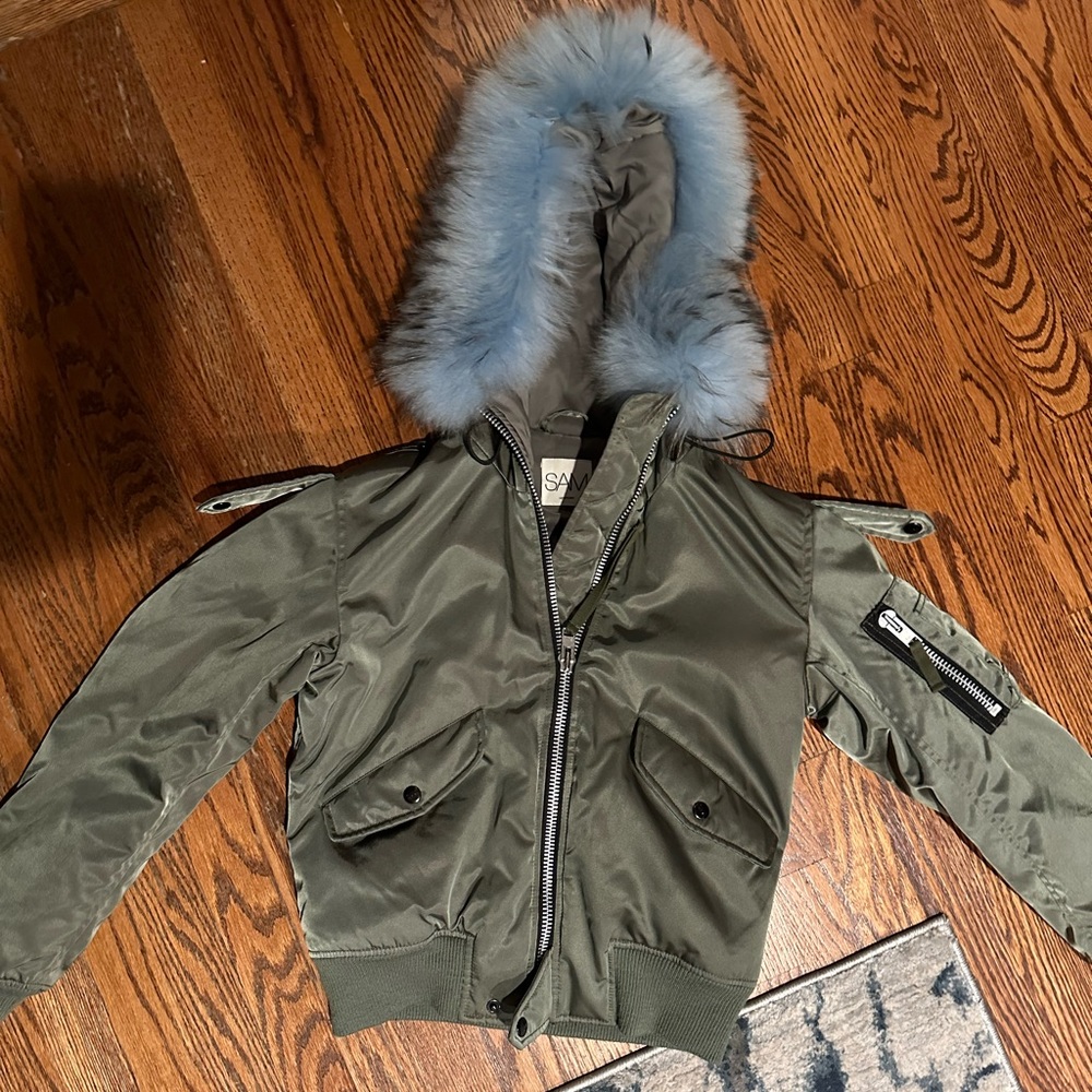 SAM jacket green bomber size XS with blue faux fur hood